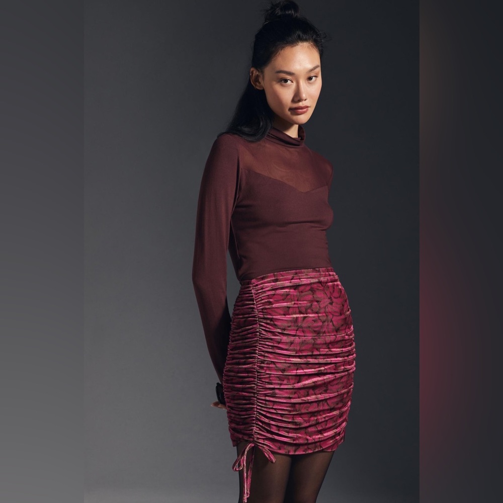 Anthropologie Ruched Purple Floral Velvet Skirt